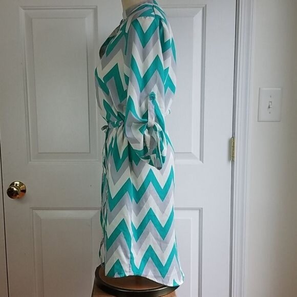Tacera Dress Chevron Green Gray Tab Sleeve V Neck Women's WOMAN'S SIZE Medium - Picture 7 of 12
